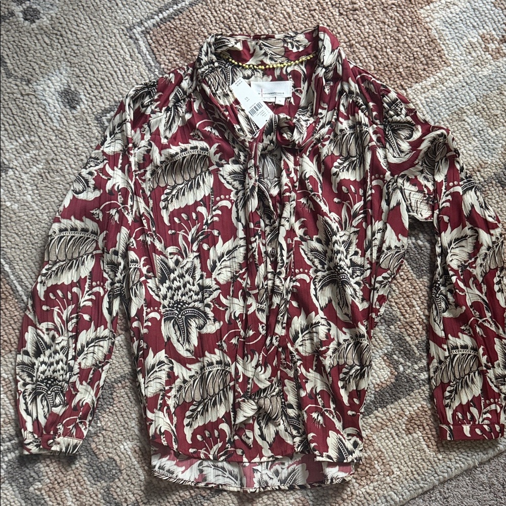 Anthropologie NWT, XS, tie neck, Burgundy and Cream Blouse